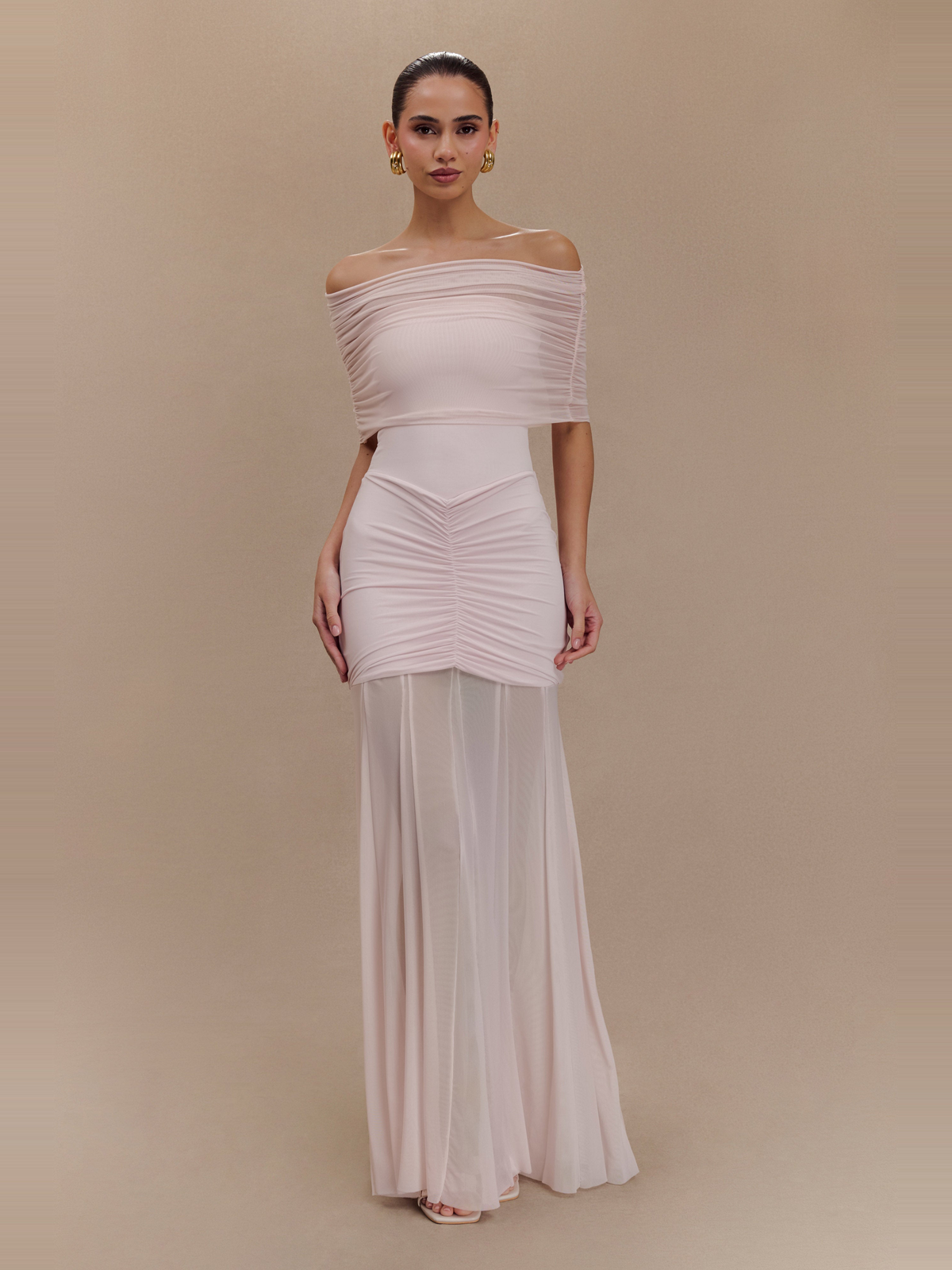 Caspian Off Shoulder Mesh Maxi Dress in Pale Pink — Svelte Chic