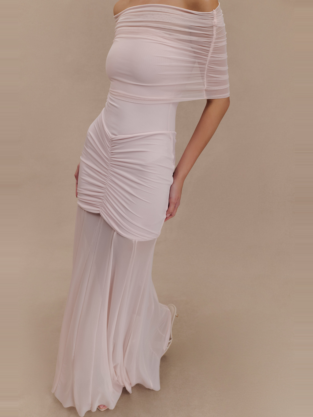 Caspian Off Shoulder Mesh Maxi Dress in Pale Pink — Svelte Chic