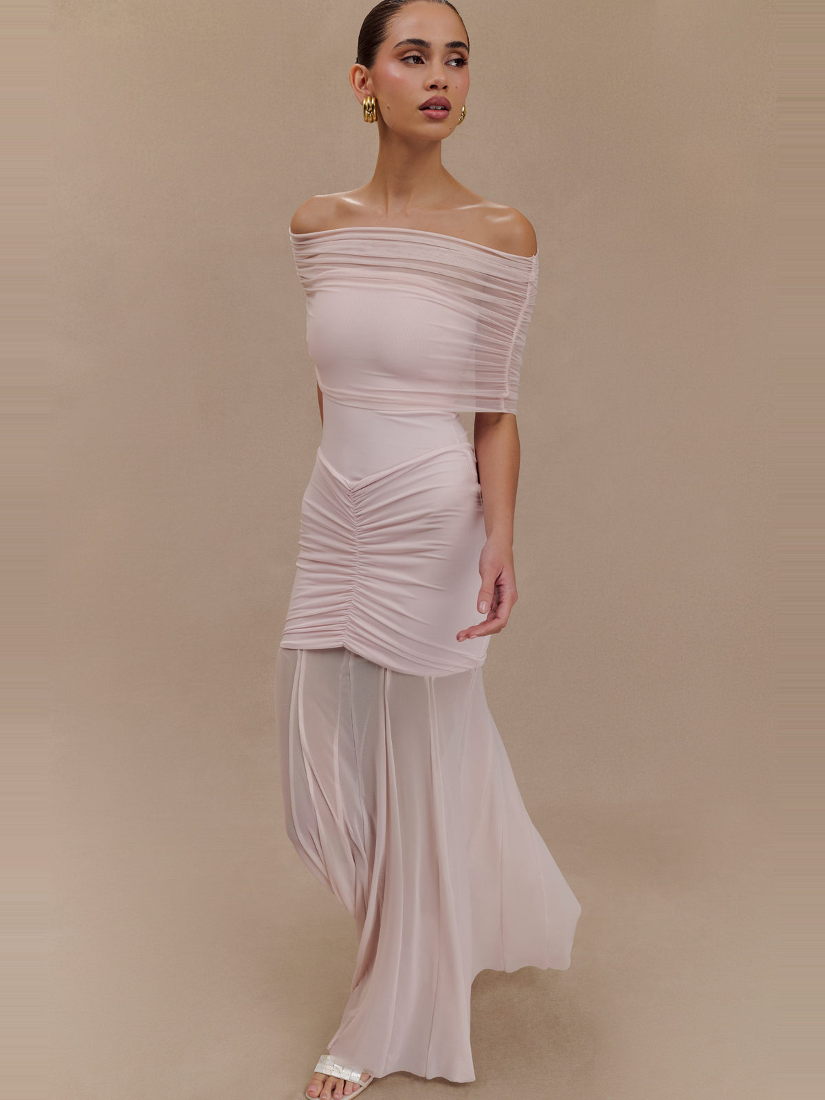 Caspian Off Shoulder Mesh Maxi Dress in Pale Pink — Svelte Chic