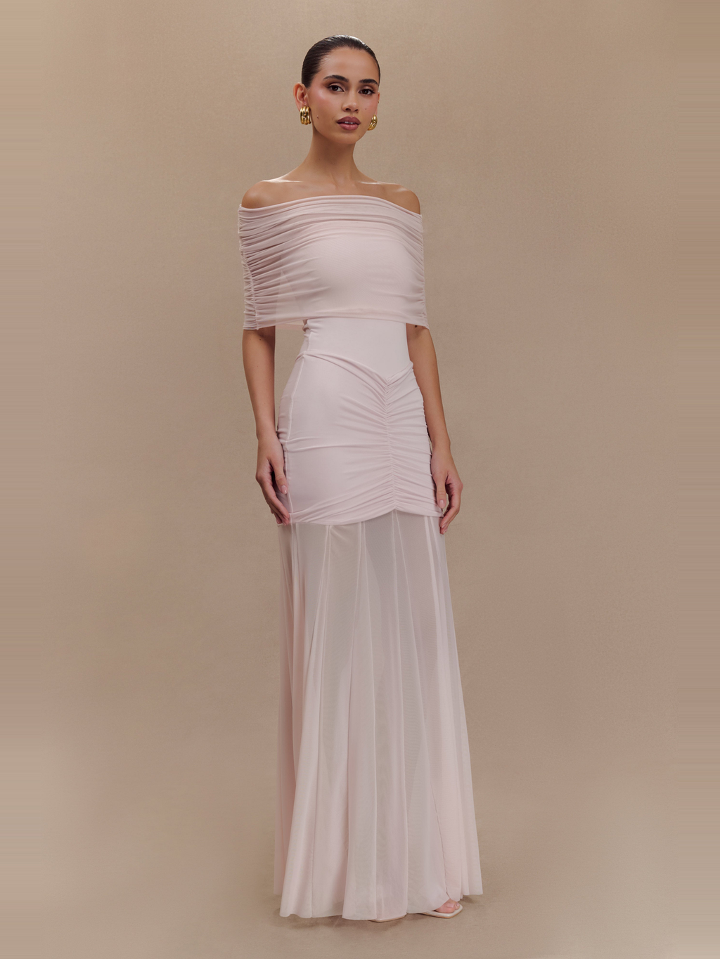 Caspian Off Shoulder Mesh Maxi Dress in Pale Pink — Svelte Chic