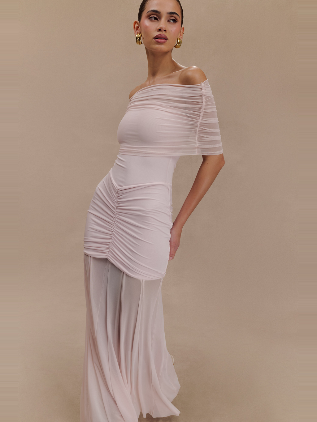 Caspian Off Shoulder Mesh Maxi Dress in Pale Pink — Svelte Chic