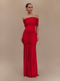 Caspian Off Shoulder Mesh Maxi Dress in Ruby — Svelte Chic
