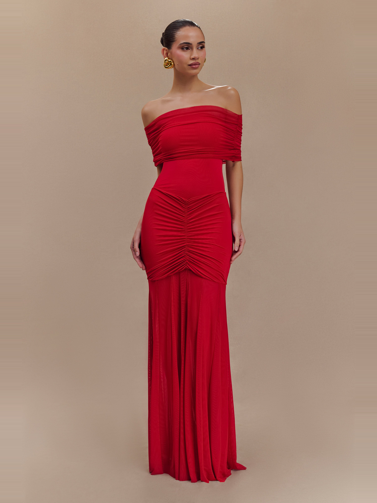 Caspian Off Shoulder Mesh Maxi Dress in Ruby — Svelte Chic