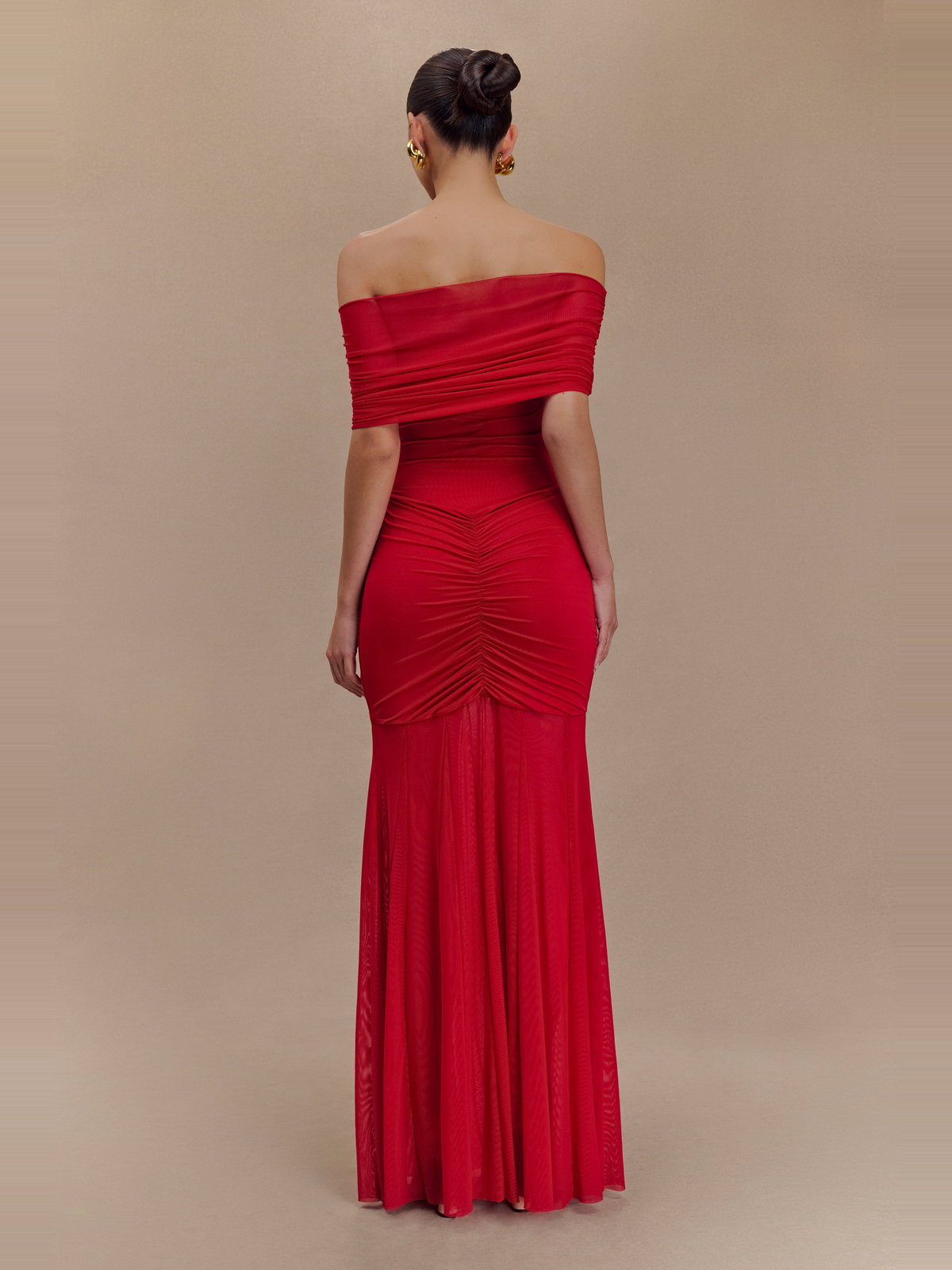 Caspian Off Shoulder Mesh Maxi Dress in Ruby — Svelte Chic