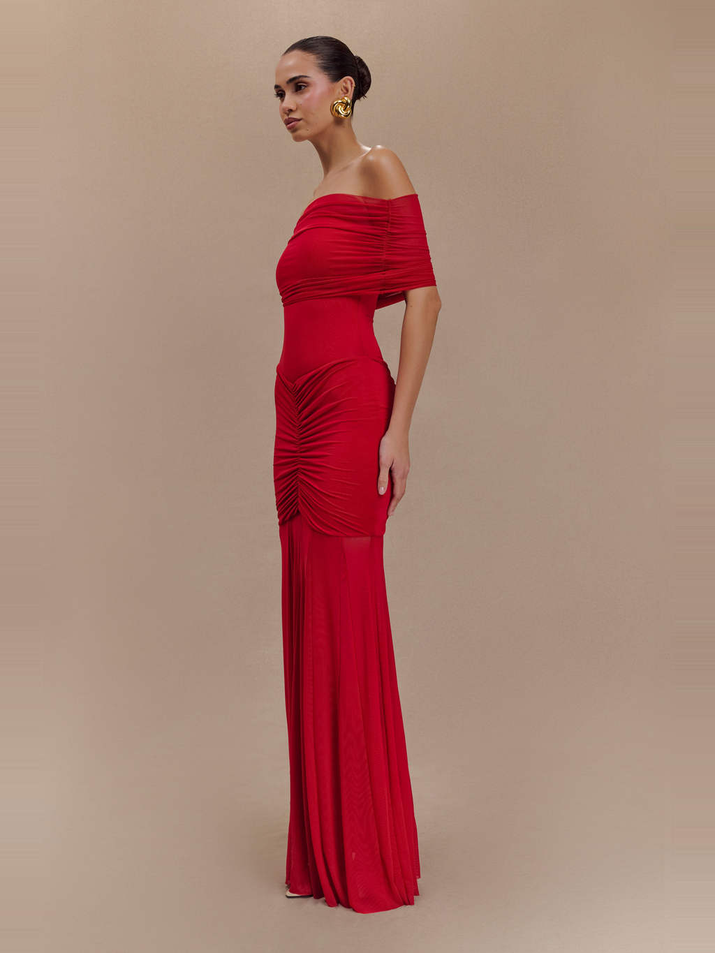 Caspian Off Shoulder Mesh Maxi Dress in Ruby — Svelte Chic