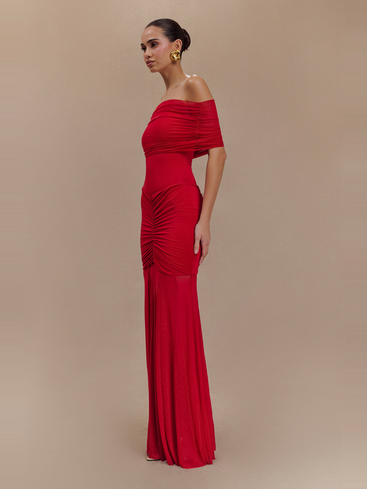 Caspian Off Shoulder Mesh Maxi Dress in Ruby — Svelte Chic