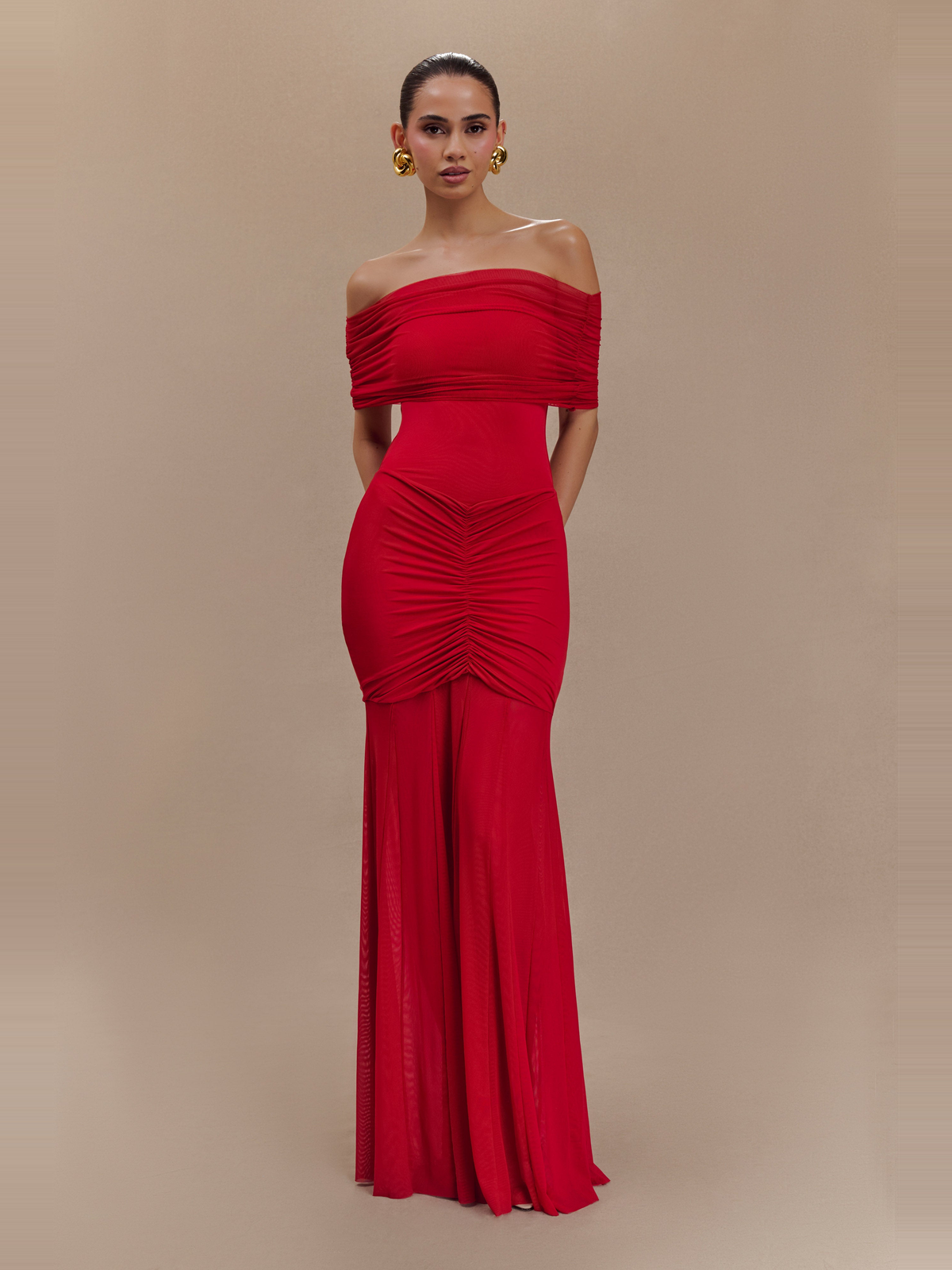 Caspian Off Shoulder Mesh Maxi Dress in Ruby — Svelte Chic