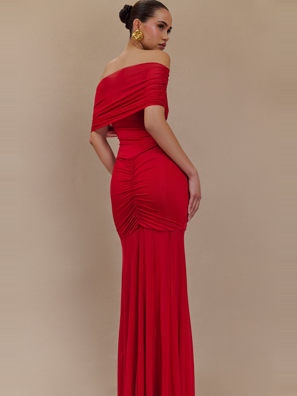 Caspian Off Shoulder Mesh Maxi Dress in Ruby — Svelte Chic