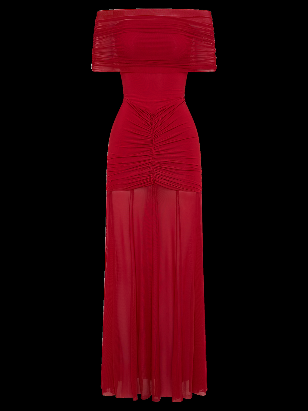 Caspian Off Shoulder Mesh Maxi Dress in Ruby — Svelte Chic