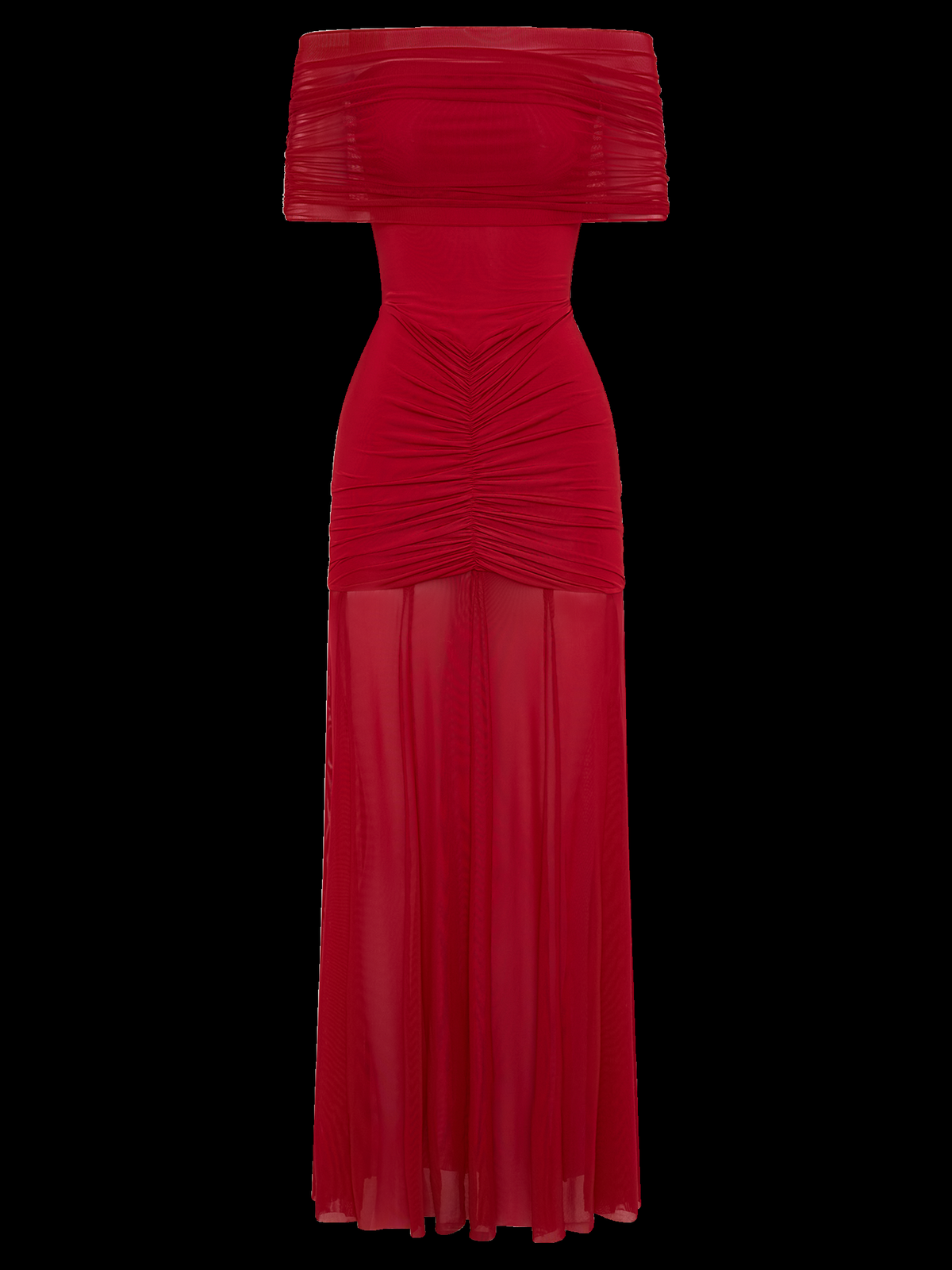 Caspian Off Shoulder Mesh Maxi Dress in Ruby — Svelte Chic
