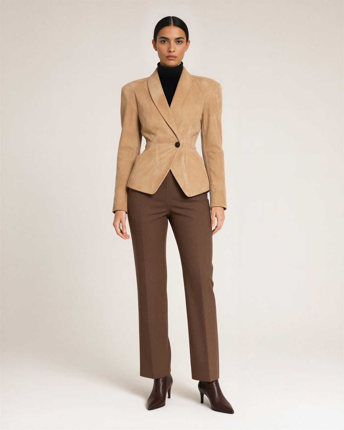 Cassia Shawl Collar Padded Shoulder Faux Suede Blazer, camel, full length front view