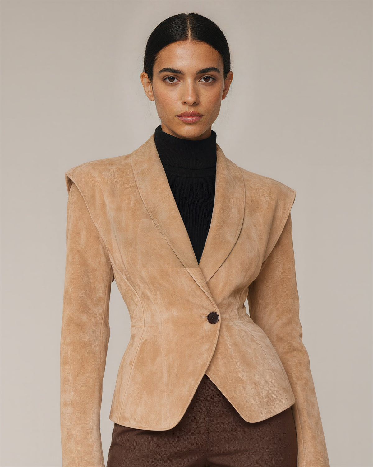 Cassia Shawl Collar Padded Shoulder Faux Suede Blazer, camel, close up above the waist