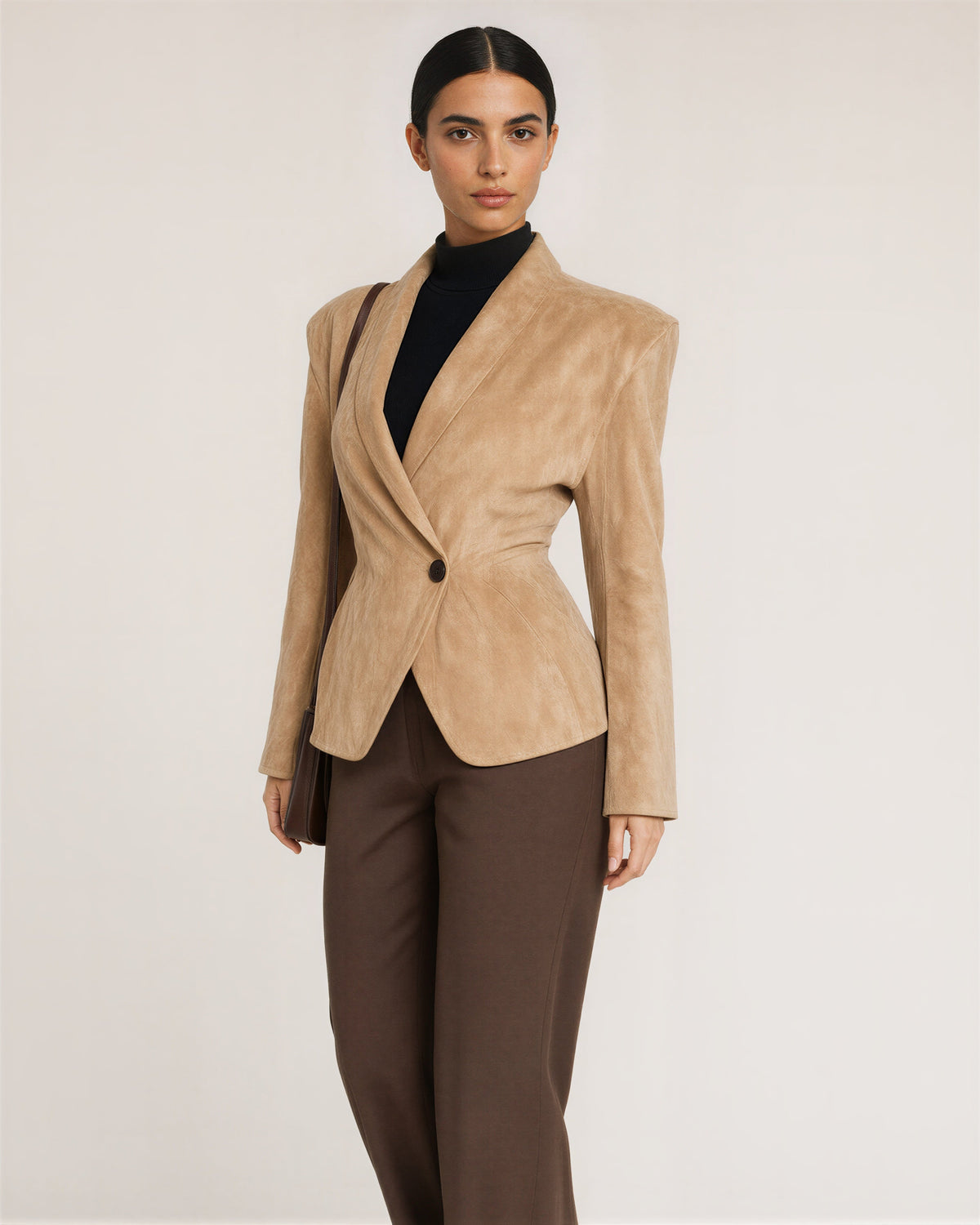 Cassia Shawl Collar Padded Shoulder Faux Suede Blazer, camel, three quarter view