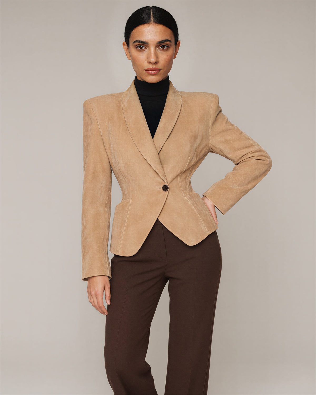 Cassia Shawl Collar Padded Shoulder Faux Suede Blazer, camel, front, hands on the waist
