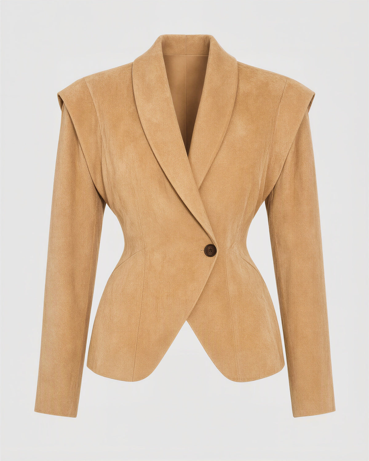 Cassia Shawl Collar Padded Shoulder Faux Suede Blazer, camel, product view without a model