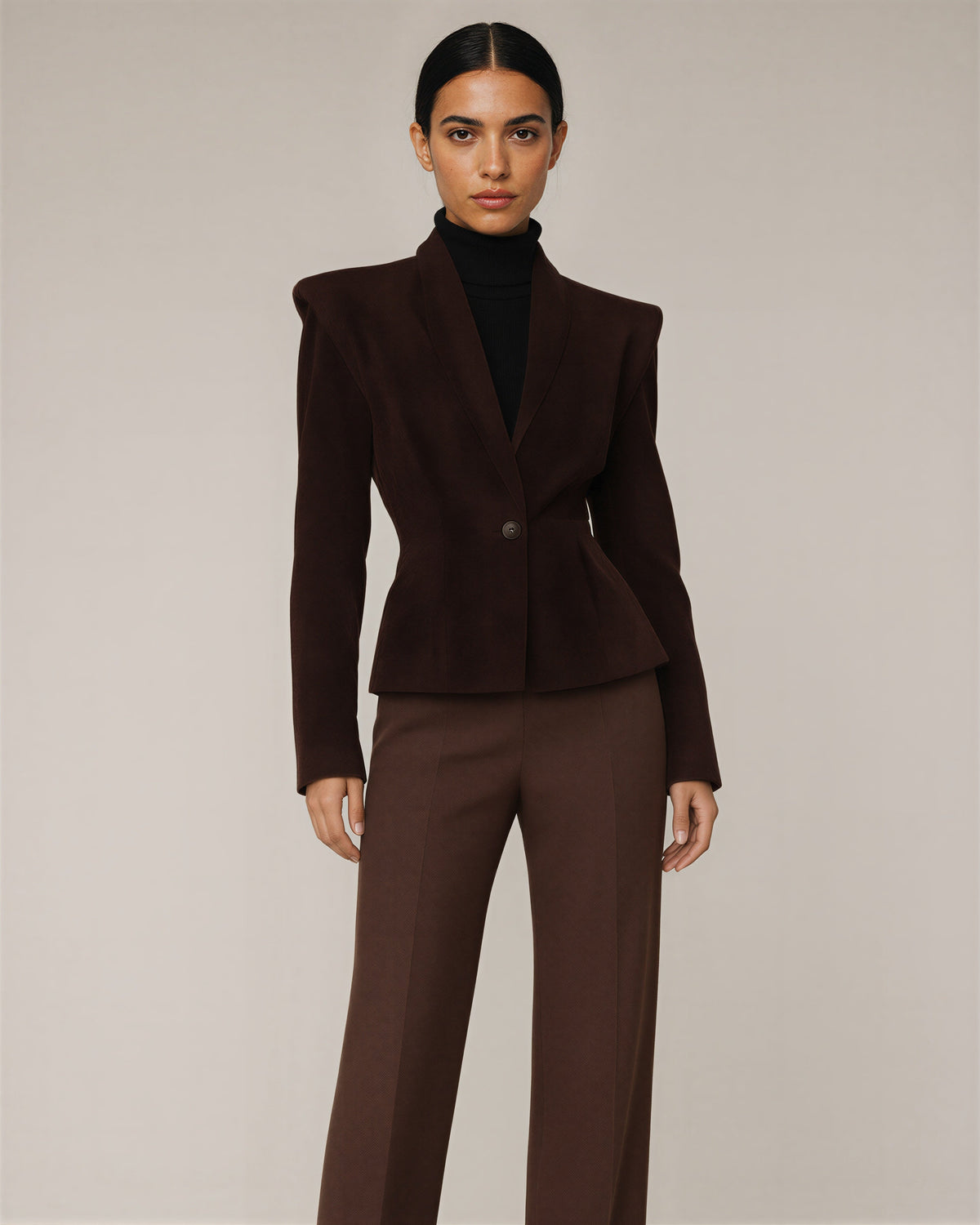 Cassia Shawl Collar Padded Shoulder Faux Suede Blazer, dark brown color option