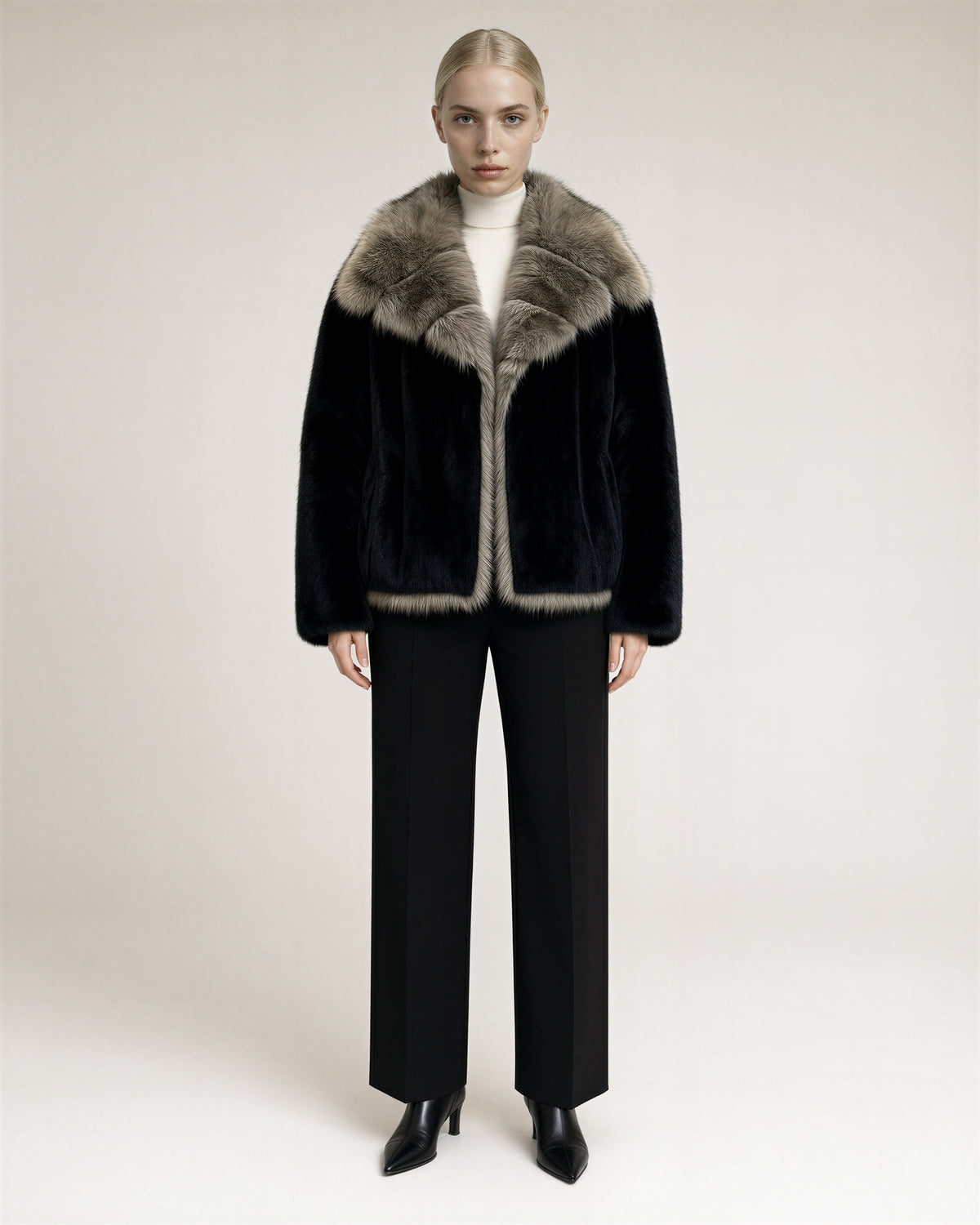 Caterina Wide Collar Cropped Faux Fur Jacket, Black, black, full length front view