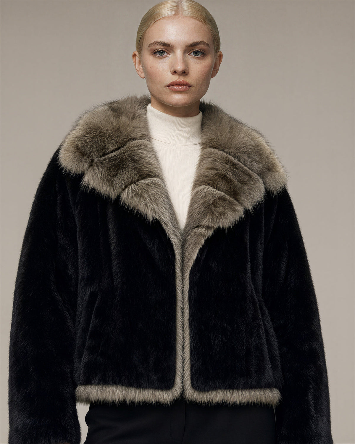 Caterina Wide Collar Cropped Faux Fur Jacket, Black, black, close up above the waist