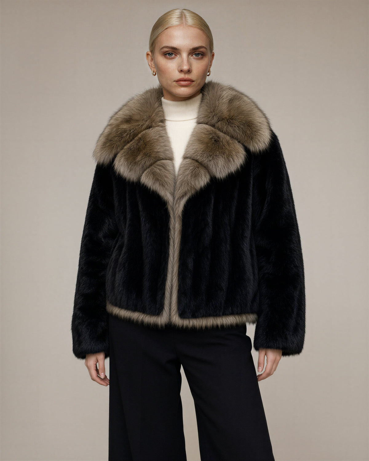 Caterina Wide Collar Cropped Faux Fur Jacket, Black, black, three quarter view