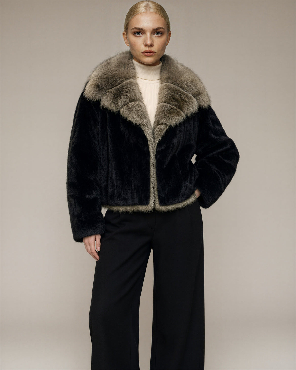 Caterina Wide Collar Cropped Faux Fur Jacket, Black, black, front, hands on the waist