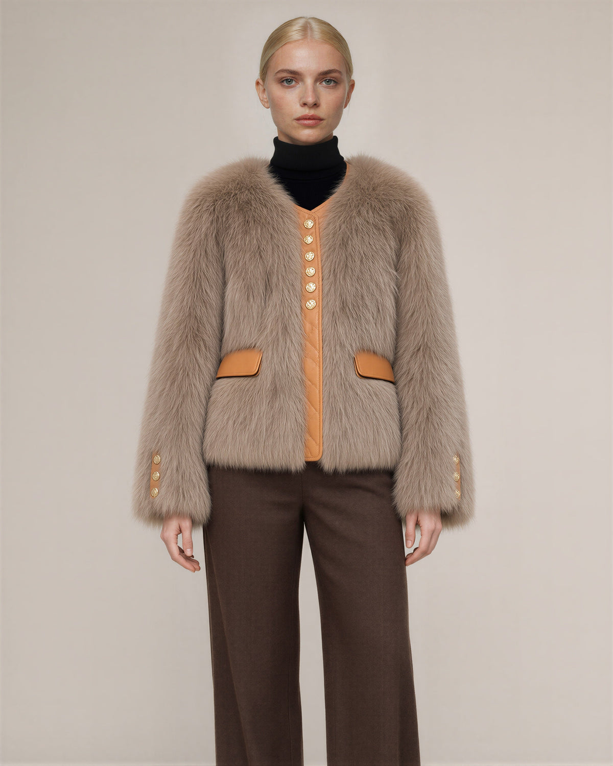 Cecilia Gold Button Collarless Faux Fur Jacket, cocoa, front view