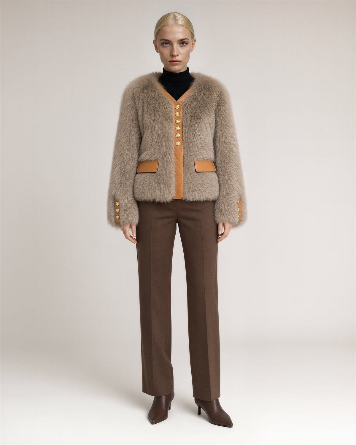 Cecilia Gold Button Collarless Faux Fur Jacket, cocoa, full length front view