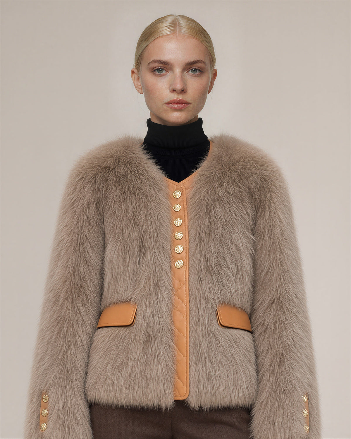 Cecilia Gold Button Collarless Faux Fur Jacket, cocoa, close up above the waist