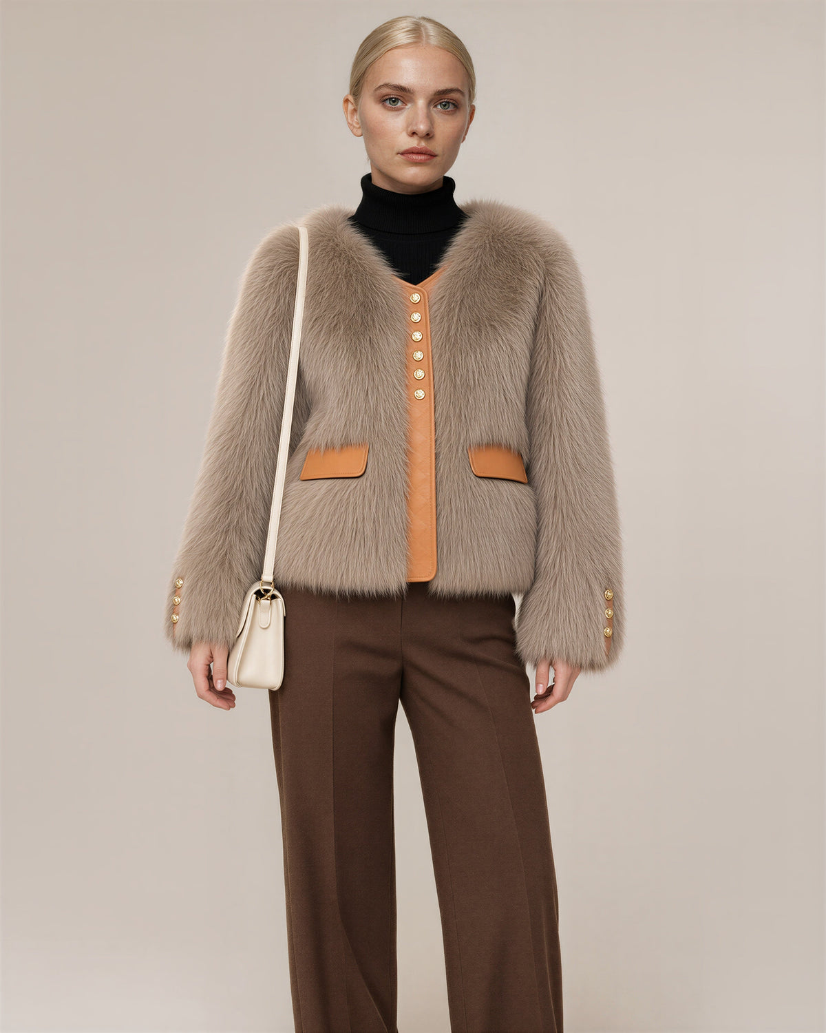 Cecilia Gold Button Collarless Faux Fur Jacket, cocoa, three quarter view