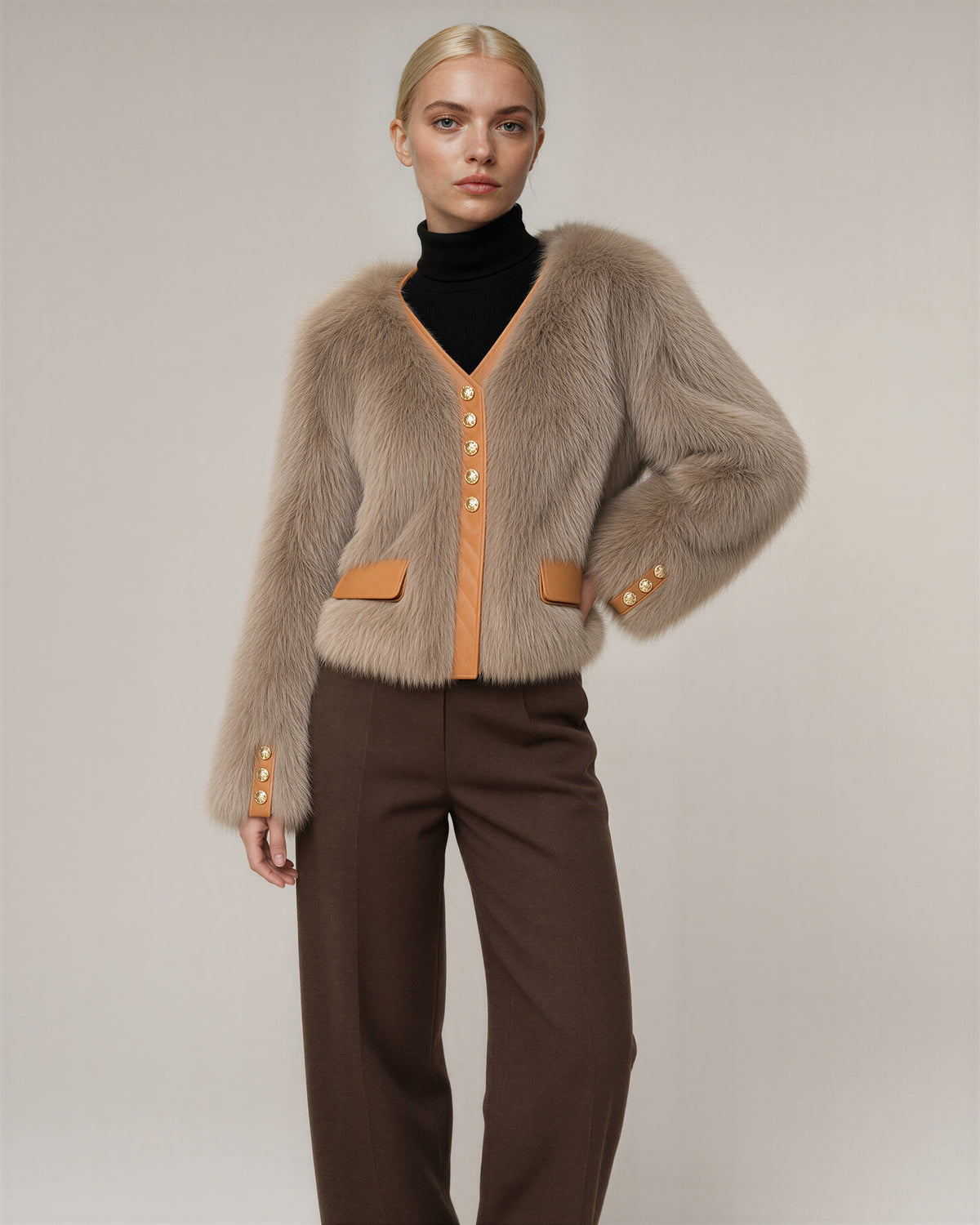 Cecilia Gold Button Collarless Faux Fur Jacket, cocoa, front, hands on the waist