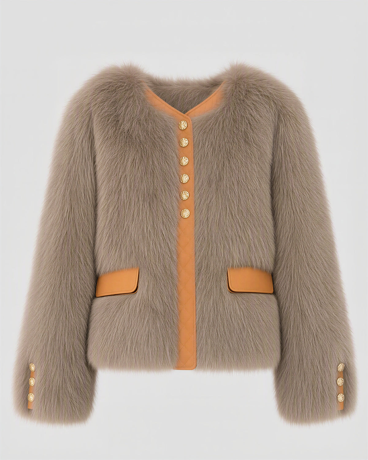 Cecilia Gold Button Collarless Faux Fur Jacket, cocoa, product view without a model