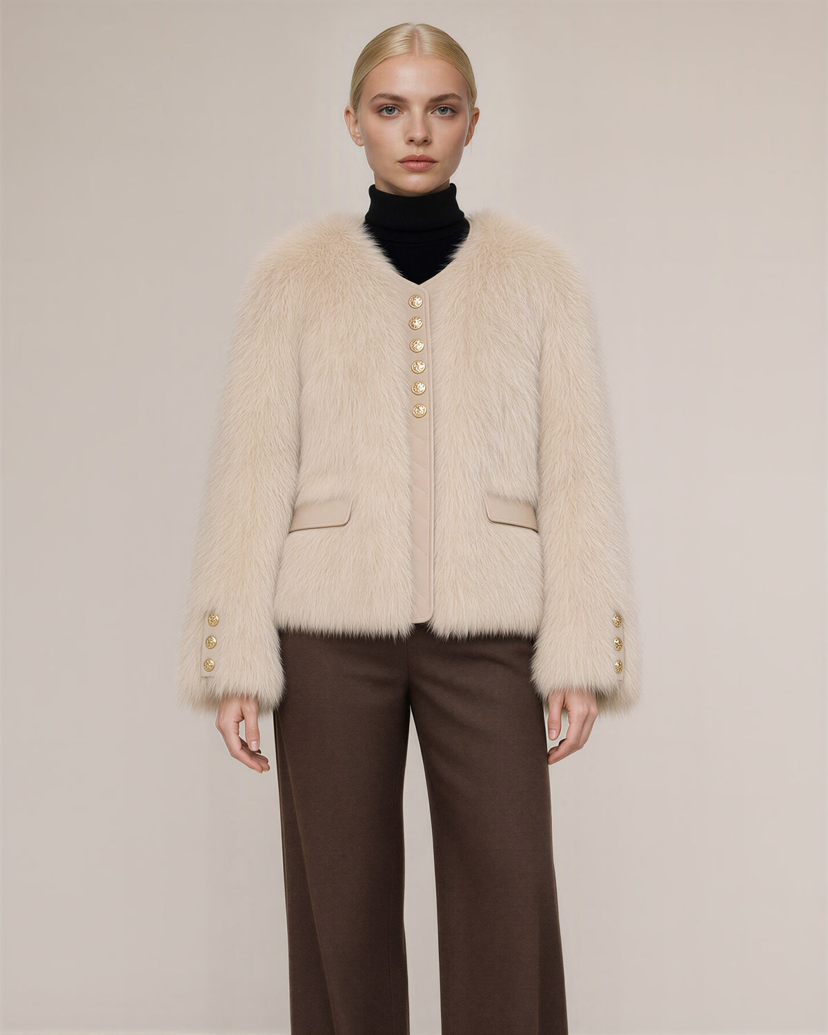 Cecilia Gold Button Collarless Faux Fur Jacket, latte color option
