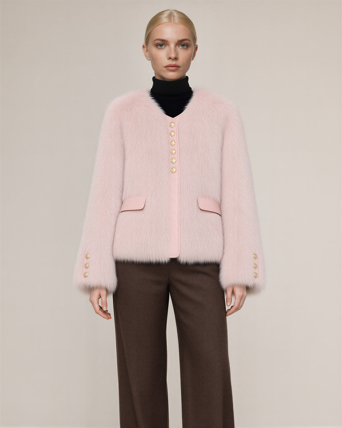 Cecilia Gold Button Collarless Faux Fur Jacket, powder pink color option