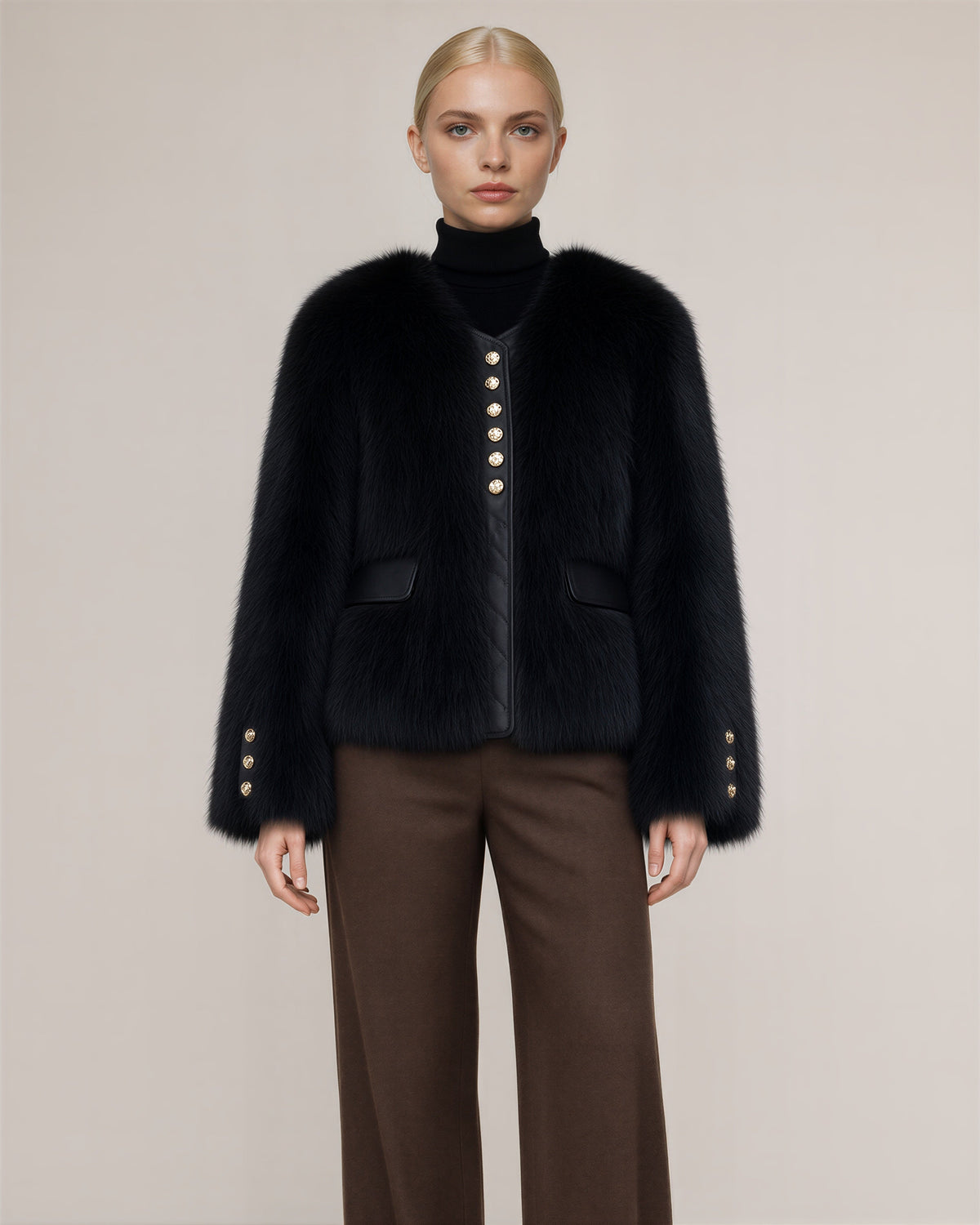 Cecilia Gold Button Collarless Faux Fur Jacket, black color option
