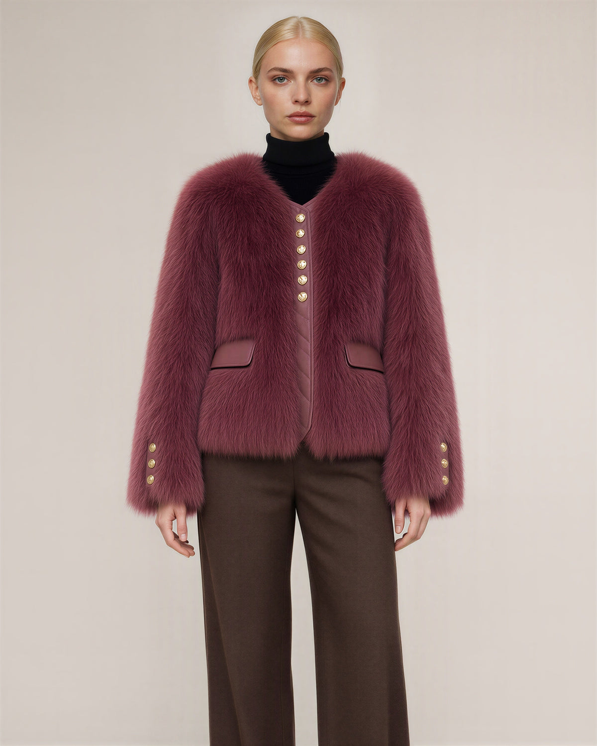 Cecilia Gold Button Collarless Faux Fur Jacket, burgundy color option