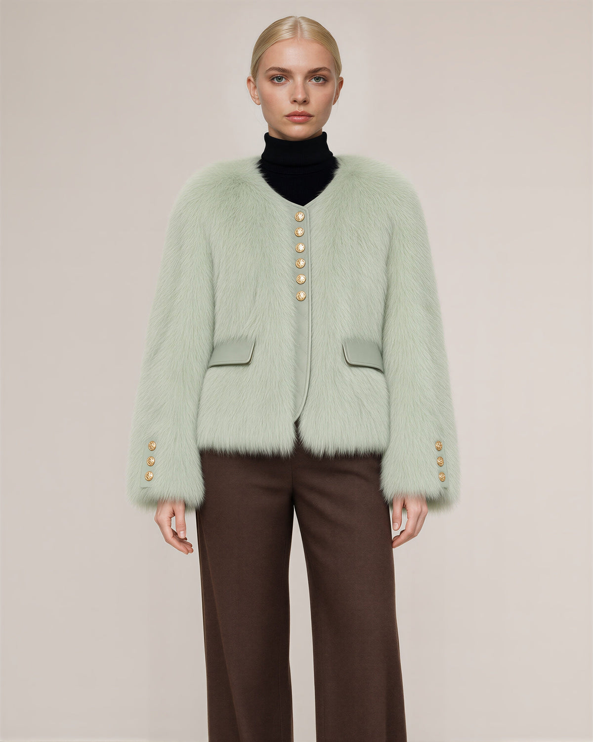 Cecilia Gold Button Collarless Faux Fur Jacket, aqua green color option