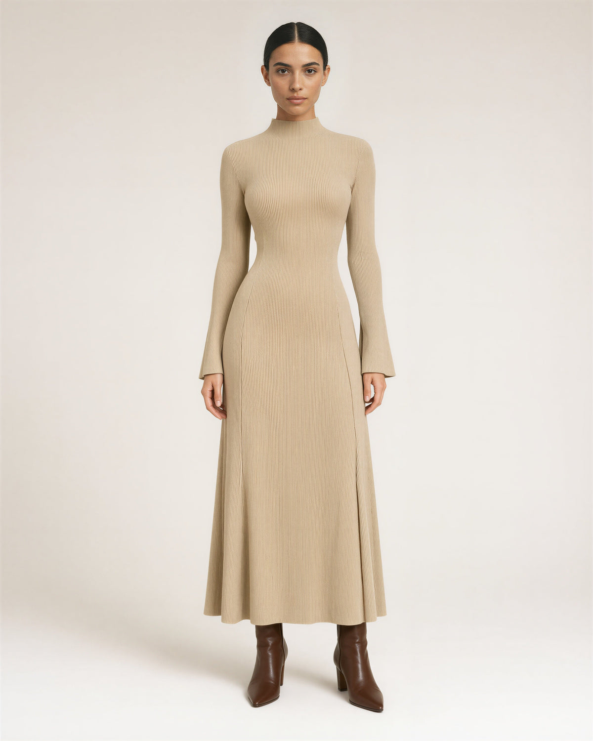 Celeste Flared Sleeve Rib Knit Maxi Dress, sand beige, full length front view