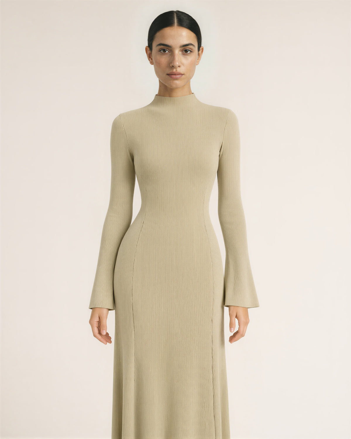 Celeste Flared Sleeve Rib Knit Maxi Dress, sand beige, front view