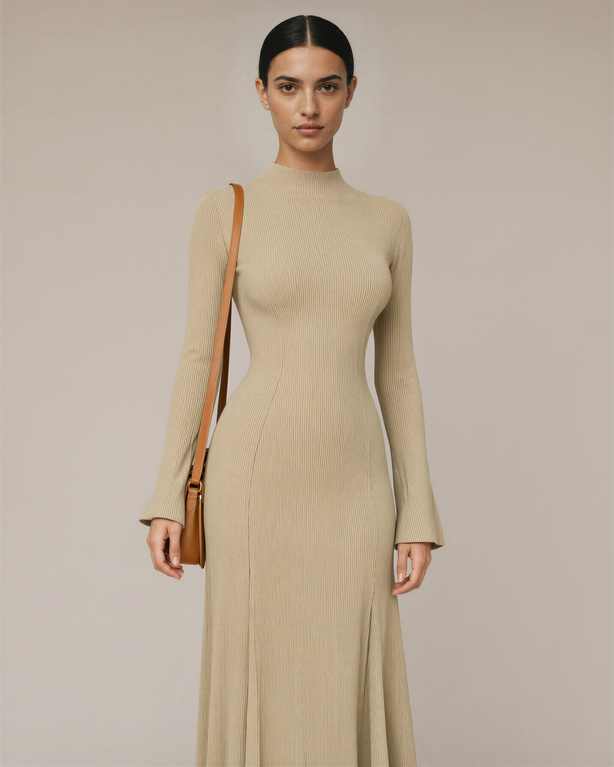 Celeste Flared Sleeve Rib Knit Maxi Dress, sand beige, three quarter view