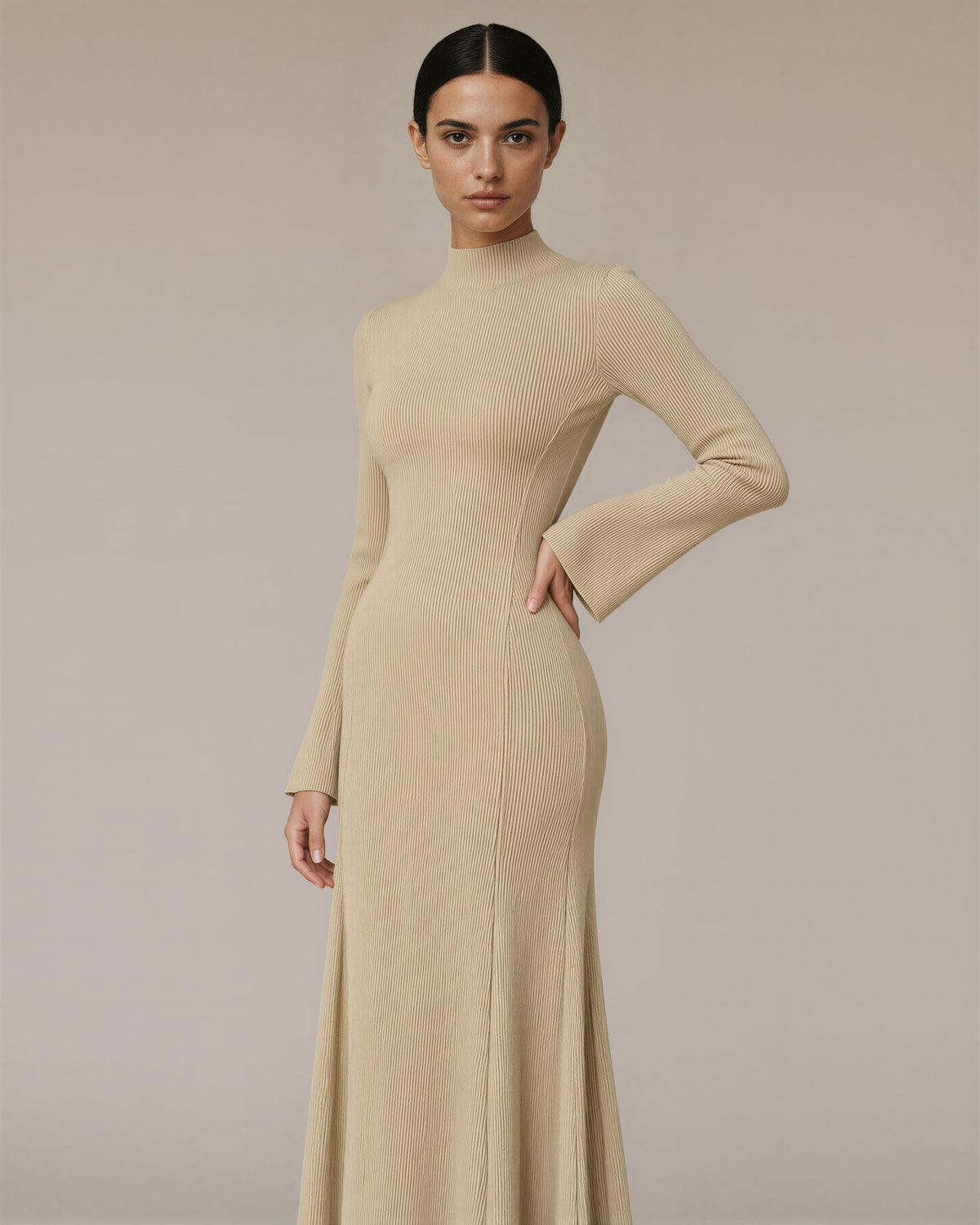 Celeste Flared Sleeve Rib Knit Maxi Dress, sand beige, front, hands on the waist