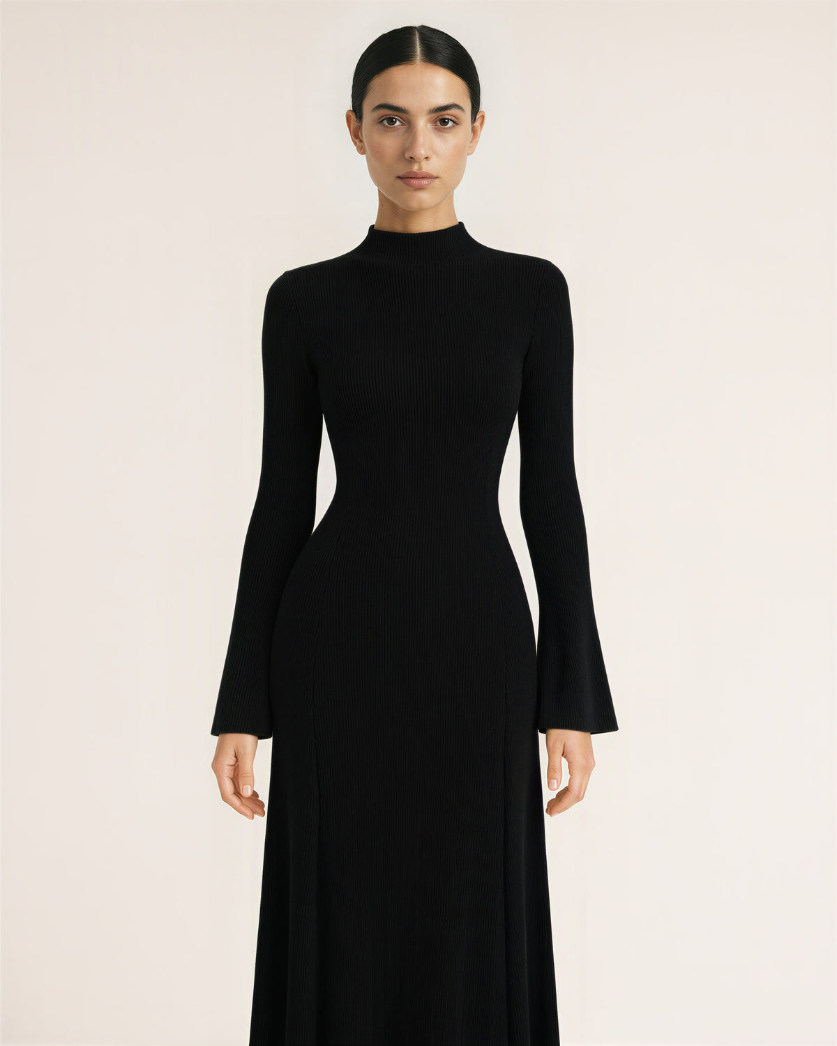 Celeste Flared Sleeve Rib Knit Maxi Dress, black color option