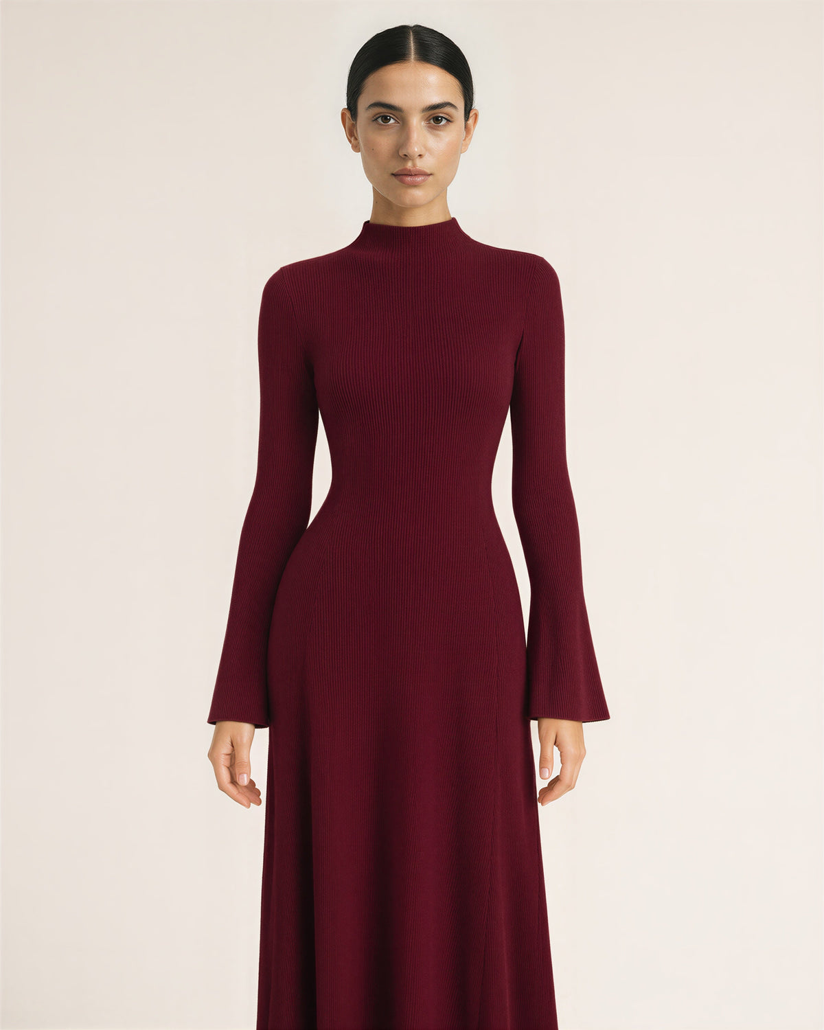 Celeste Flared Sleeve Rib Knit Maxi Dress, burgundy color option