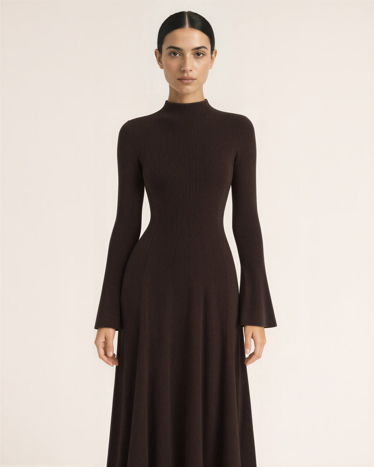 Celeste Flared Sleeve Rib Knit Maxi Dress, dark brown color option