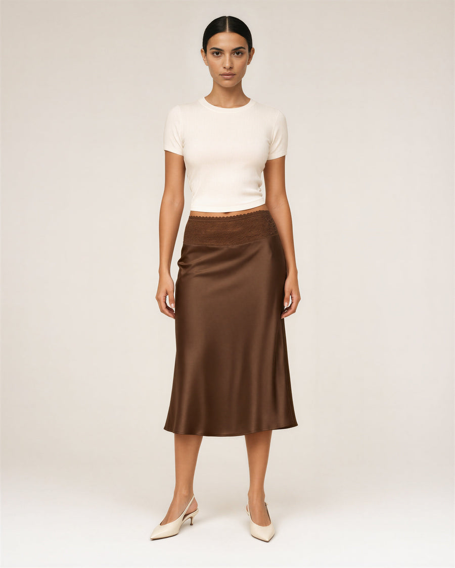 Celia Lace Trim Satin Skirt