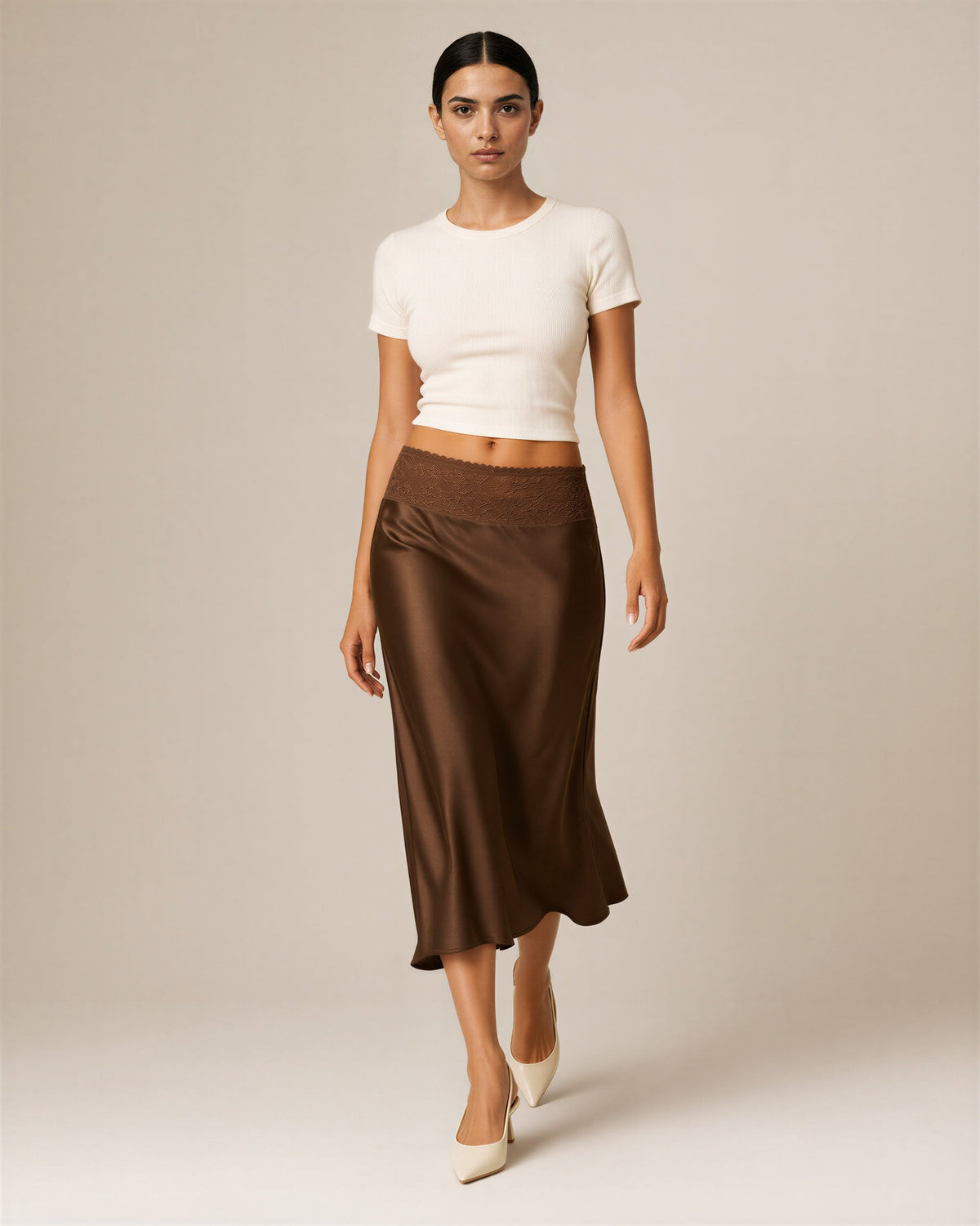 Celia Lace Waistband Satin Midi Skirt, brown, full length walking view