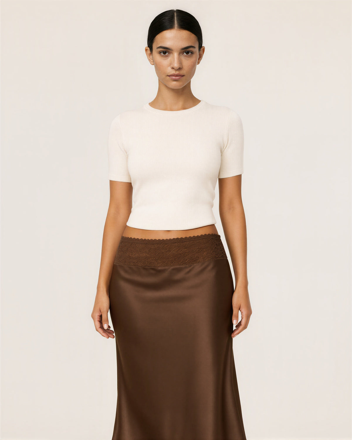 Celia Lace Waistband Satin Midi Skirt, brown, front view