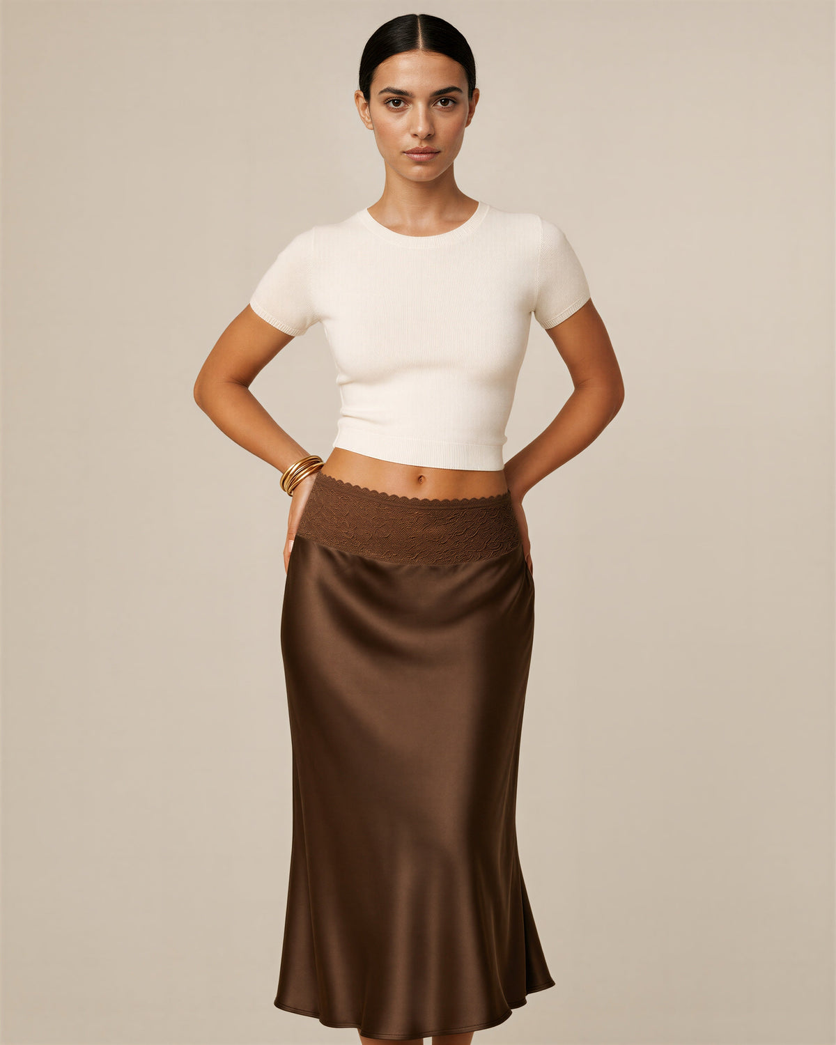Celia Lace Waistband Satin Midi Skirt, brown, front, hands on the waist