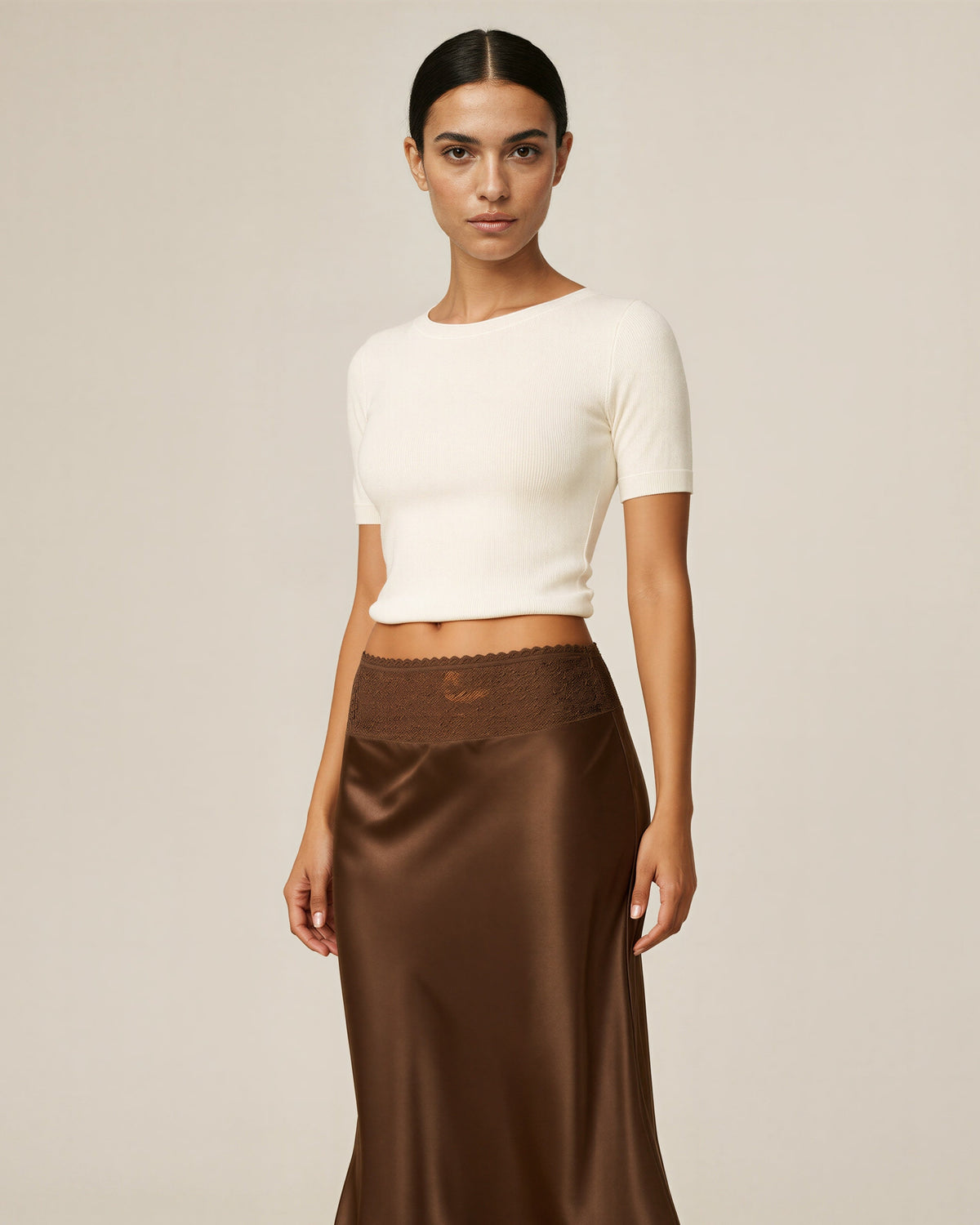 Celia Lace Waistband Satin Midi Skirt, brown, three quarter view