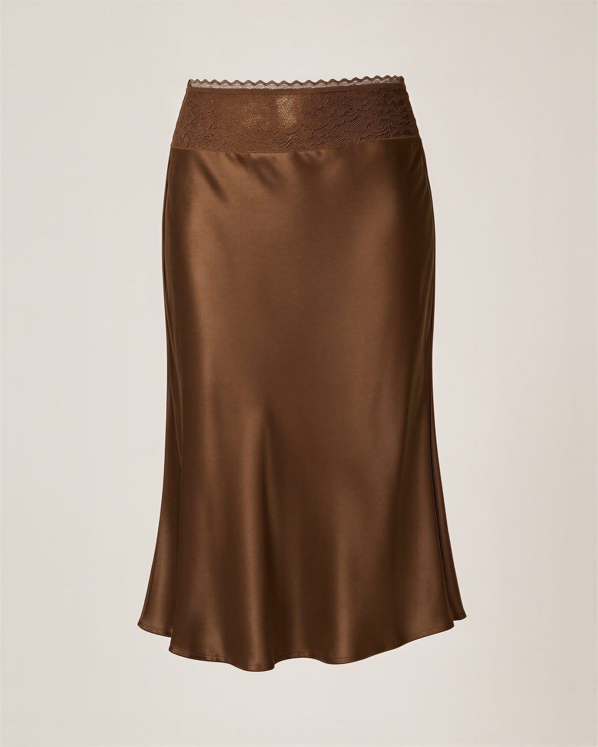Celia Lace Waistband Satin Midi Skirt, brown, product view without a model