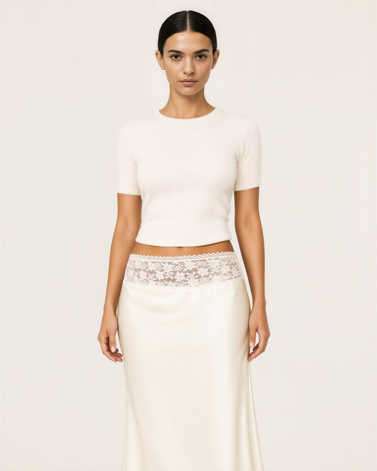 Celia Lace Waistband Satin Midi Skirt, off white color option