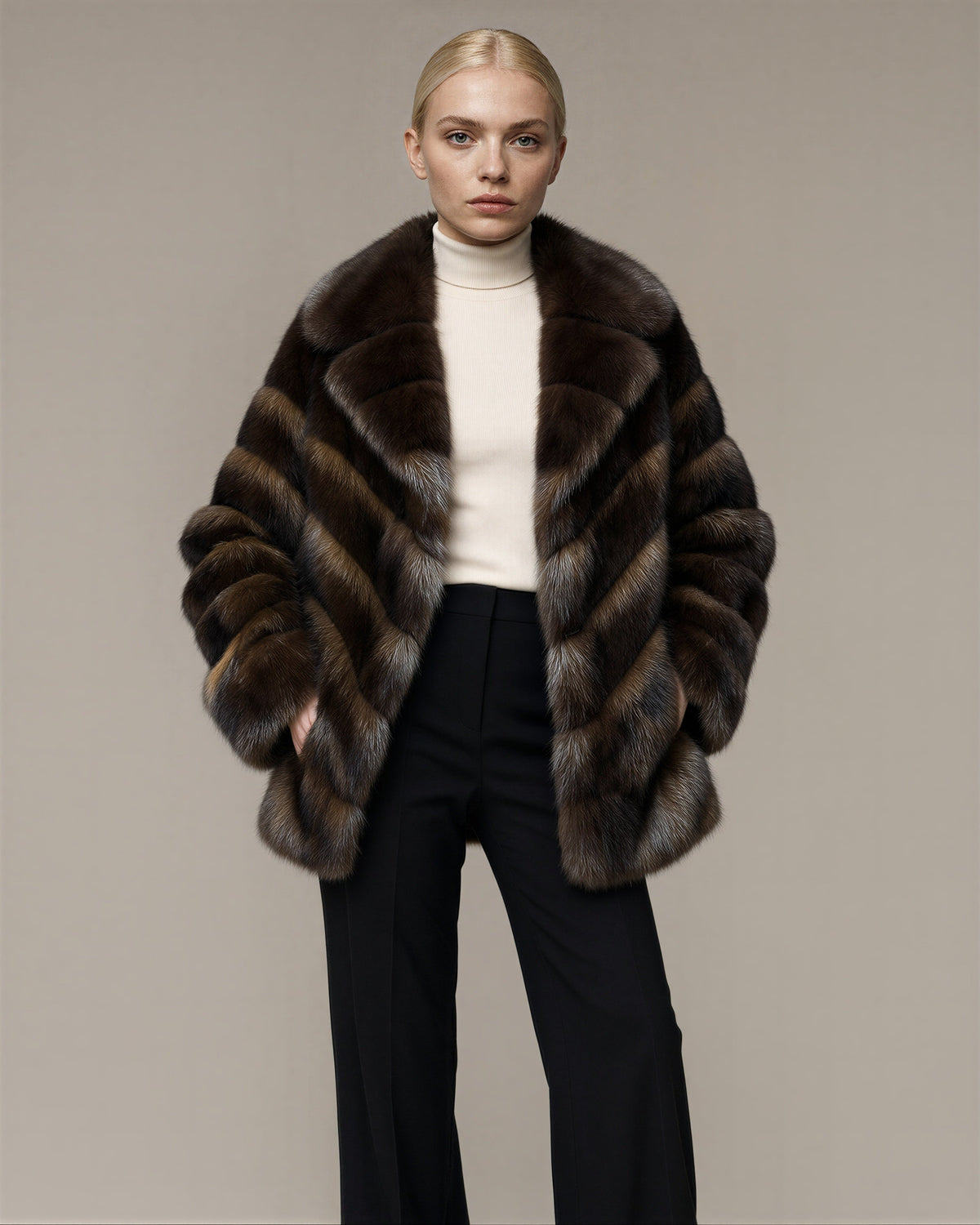 Cesira Sable Look Faux Fur Jacket, Dark Brown, dark brown, front, hands on the waist